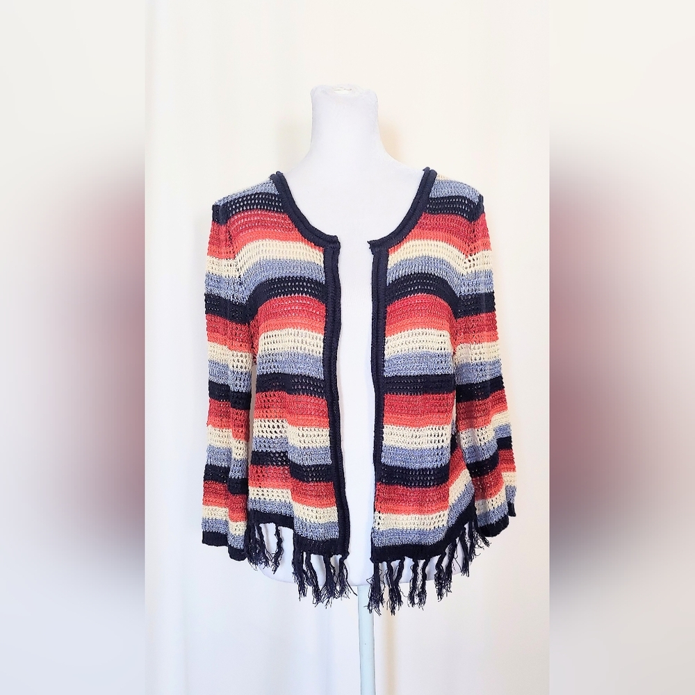 It's Our Time Striped Fringe Knit Open Cardigan Sweater Size Medium